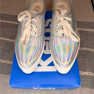 Keds Holographic Leather Sneakers Women Size 10 Silver Iridescent Casual